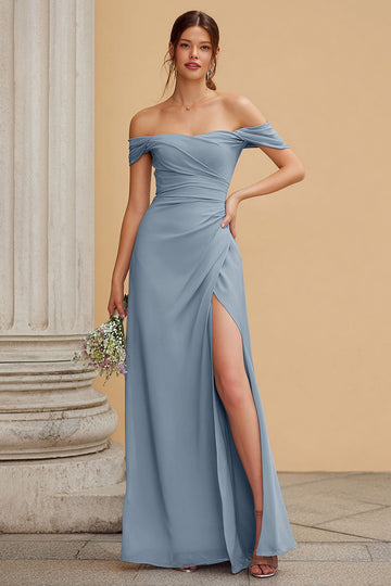 Dusty Blue Off the Shoulder Maxi A Line Bridesmaid Dress with Slit